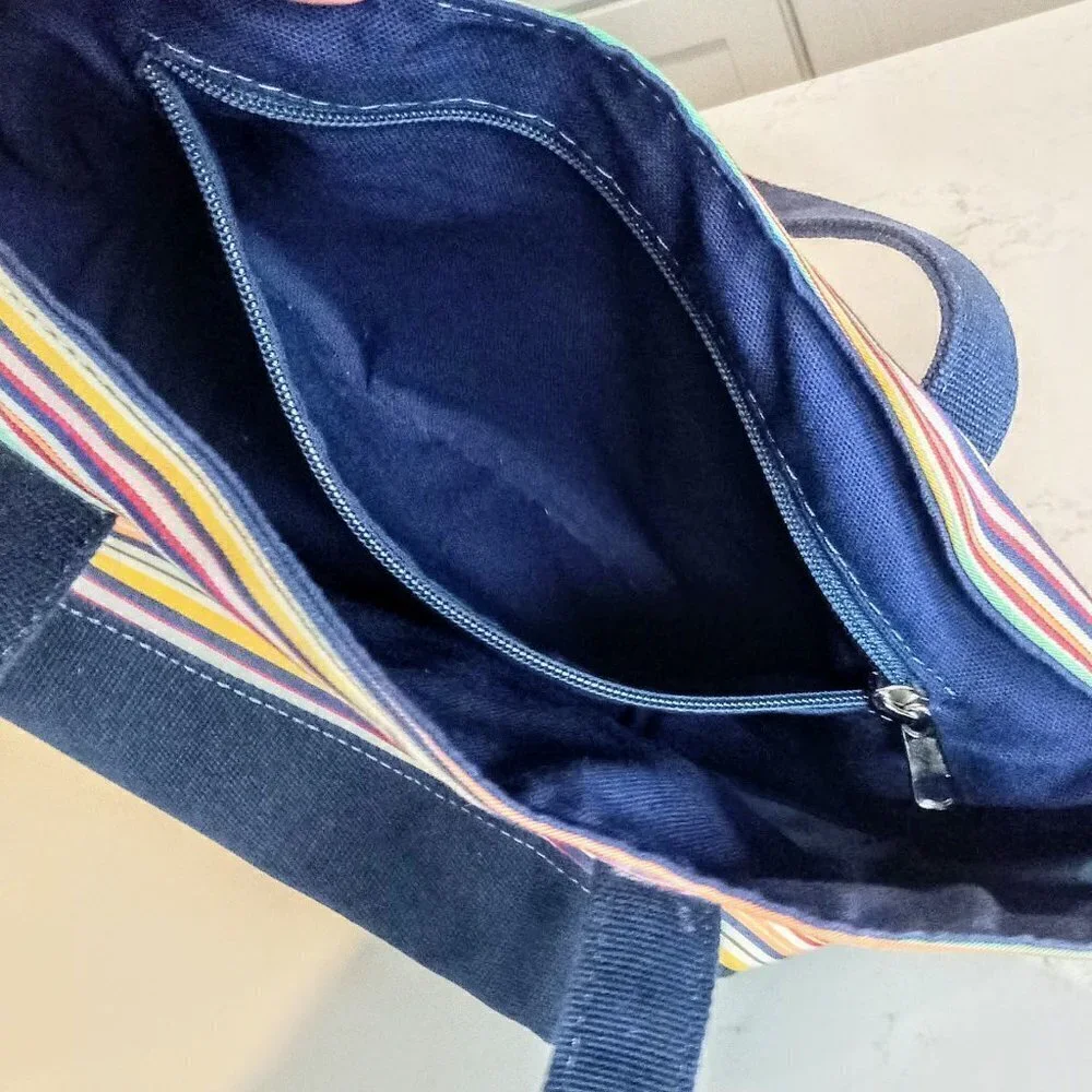 Patricia Han Navy Blue Canvas Striped Tote Bag
